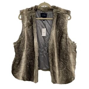 Lands' End Faux Fur Vest‎ Girls Size L 14-16 Grey Brown Wolf Pattern Open Front